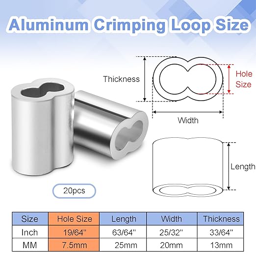 20Pcs 1/4"Cable Crimp Sleeves, Aluminum Wire Rope Crimping Loop Sleeve. Cable Ferrules for Cable and Wire Rope Crimp Double Barrel Crimp Sleeves (M6-1/4")