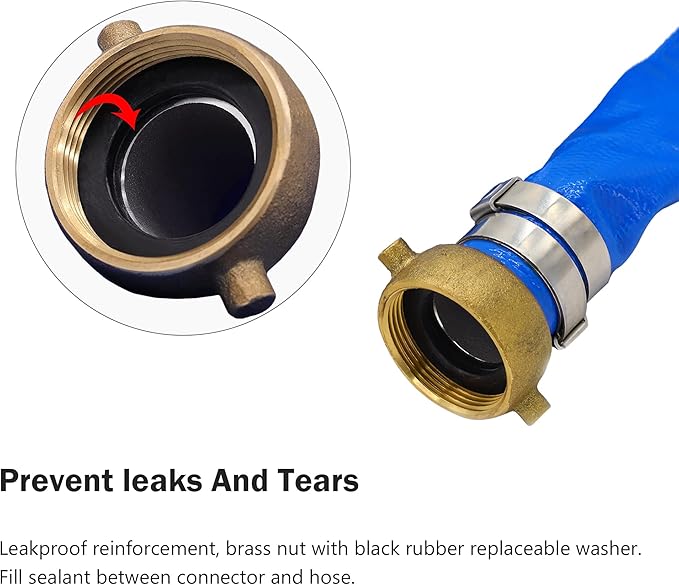 2" ID x 100 ft PVC Lay Flat Discharge Hose with Aluminum Pin Lug Fittings, Heavy Duty Reinforced Blue Backwash Pump Hoses for Swimming Drain Pools and Clean Filters
