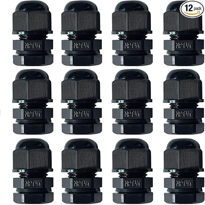 12Pcs Black Cable Glands Adjustable NPT Waterproof Glands 1/4" Cord Grip Strain Relief Wire Plastic Cable Connectors NPT Waterproof Grommet Wire Gland Electrical Conduit Fittings Bulkhead Connector