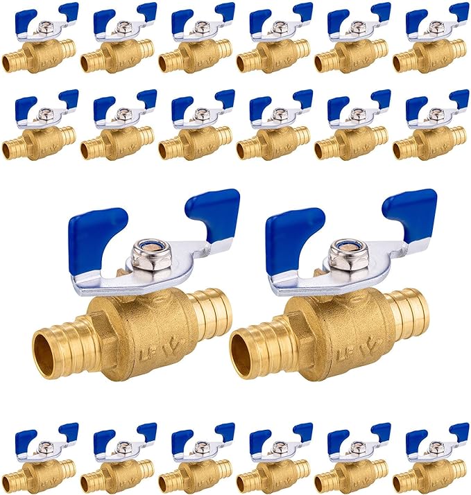 20PCS Foskan 3/4" PEX Crimp Ball Valve, Brass Full Port Shut-off Valve with Blue Butterfly Handle for Portable Water Poject