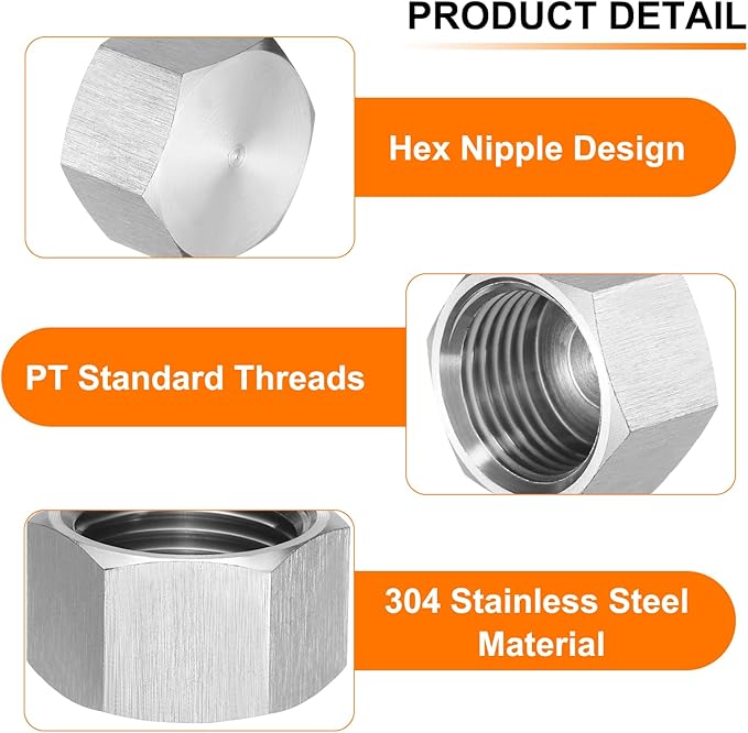 uxcell 2pcs Hex End Cap 304 Stainless Steel Nut with Washer, PT 1/2" Female Thread Pipe Fitting, Gas Line Water Line Stop Valve Cap Tubing Ends for Plumbing Fittings, Silver Tone