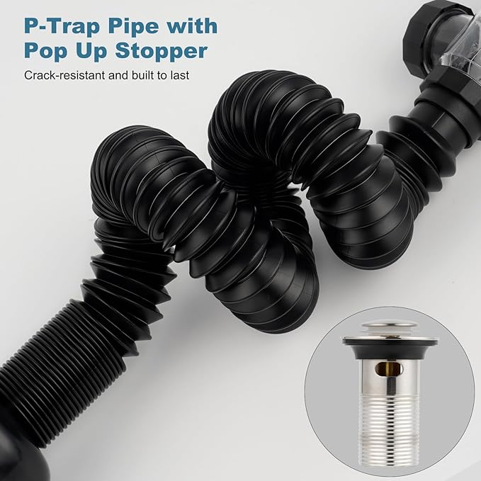 iFealClear Bathroom Sink Drain Kits, Flexible P-Trap Drain Pipe with Pop Up Stopper, Bathroom Sink Pipe Tube Replacement with 2 Adapters, Fits 1-1/4'', 1-1/2'', 2" Holes, Hair Catcher, Brushed Nickel