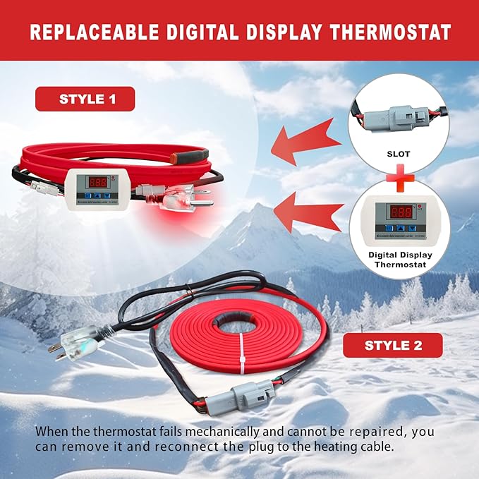 OEBLD Heat Tape for Water Pipes 60FT, Replaceable Smart Thermostat for Pipe Freeze Protection, Self-Regulating Roof Deicing Cable for Metal and Plastic Home Pipes