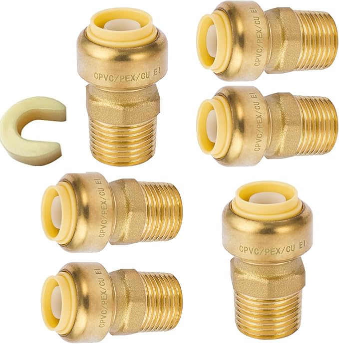 6-Pack HeSun Pushfit Male Adapter, 1/2" MNPT x 1/2" Push to Connect Plumbing Fittings with Disconnect Clip, Brass Push-fit Fittings for PEX, Copper, CPVC, PE-RT Pipes(PF021-6)