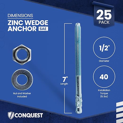 Conquest Zinc Plated Carbon Steel Concrete Wedge Anchors 1/2" x 7" - Heavy Duty Anchor Bolts for Interior Dry Environments and General Purpose Use (25 Pack)