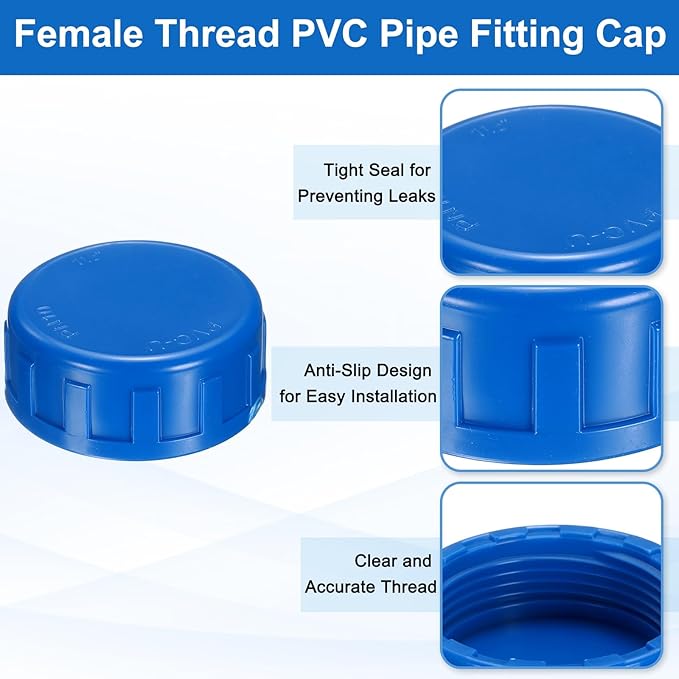 uxcell 5Pcs 1-1/2 Inch PT Female Thread PVC Pipe Fitting Cap, Cleanout Water Drain End Caps, Pipe Plug Socket Fittings with Gasket for Water Heater Supply Lines, Plumbing, Blue