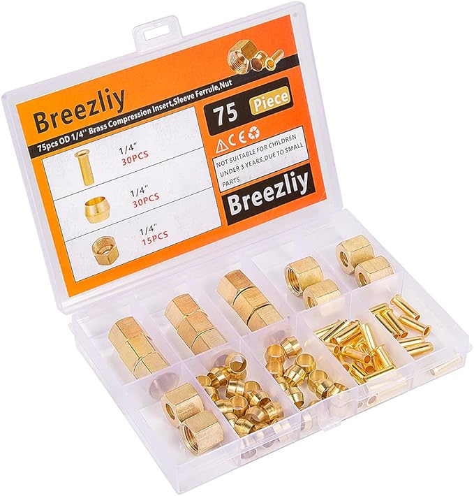 1/4 Inch OD Brass Compression Insert,Sleeve Ferrule,Nut 75PCS