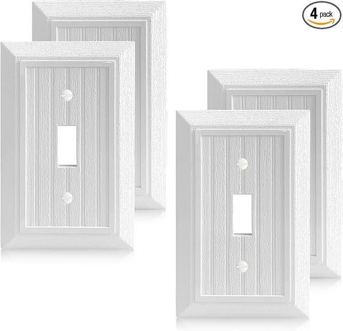 4-Pack Light Switch Cover Plate, Modern Decorative Outlet Covers Wall Plates, Pure White Classic Retro Wood Grain Design Style (Mid-Size Single Toggle)
