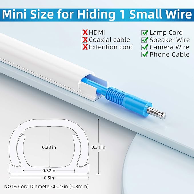 Yecaye 128in Mini Cord Hider for 1 Mini Wire, On-Wall Cord Cover Channel, Tape Wire Concealer, Cable Cover Cable Management for Home Office, W0.5in H0.31in, White