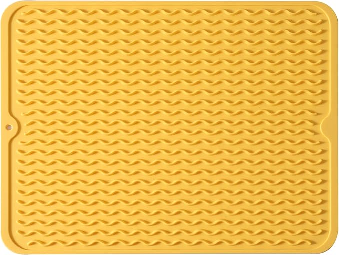 Silicone Dish Drying Mat for Multiple Usage,Easy clean,Eco-friendly,Heat-resistant Silicone Mat for Kitchen Counter or Sink,Refrigerator or drawer liner Yellow L 16 inches x 12 inches