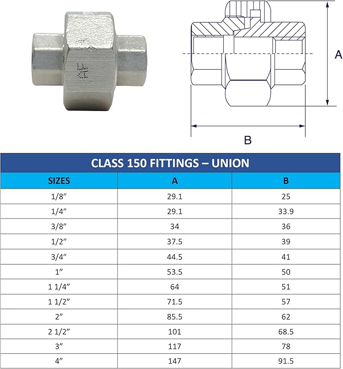 AF Hydro Stainless Steel SS316 Union Pipe Fitting, 1 1/2''NPT Female Thread, Pressure Rating up to 150 PSI, Class 150 Connector Adapter