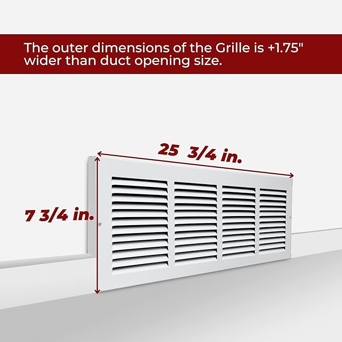 [5 Pack] Fits 24x6 Duct Opening | Steel Baseboard Return Air Grille by Handua | Vent Cover Grill | 7/8" Margin Turnback [Depth] to Fit Baseboard | White | Out. Dim.: 25.75"W X 7.75 "H