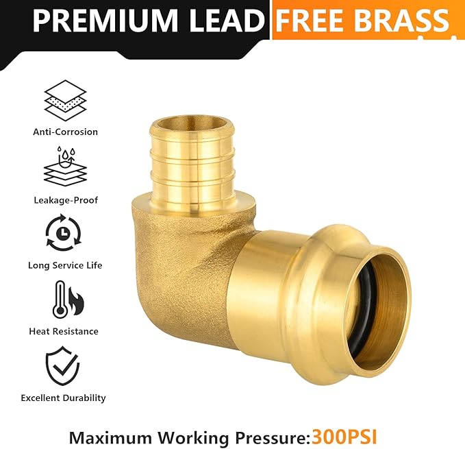 30-Pack HeSun Copper Press Fitting Elbow, 1" PRESS X 1" PEX F1807 Crimp Elbow, LF Brass