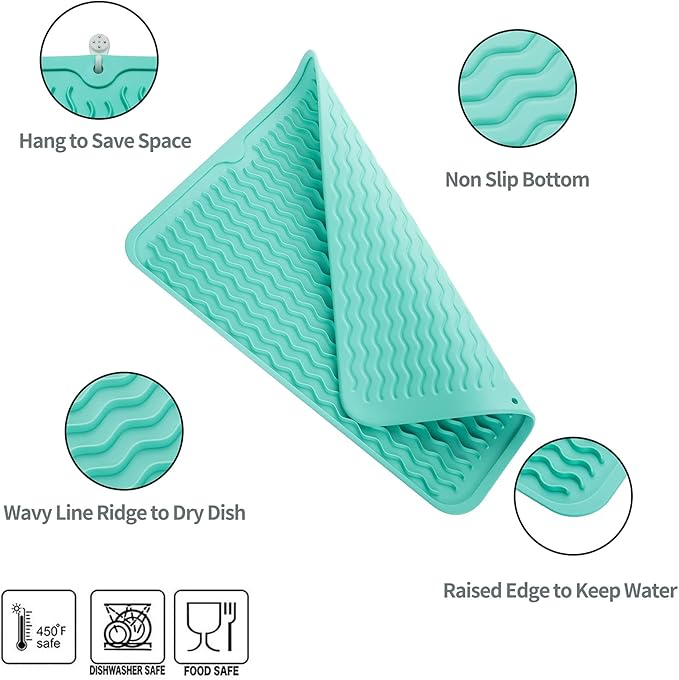 Silicone Dish Drying Mat for Multiple Usage,Easy clean,Eco-friendly,Heat-resistant Silicone Mat for Kitchen Counter or Sink,Refrigerator or drawer liner Mint L 16 inches x 12 inches