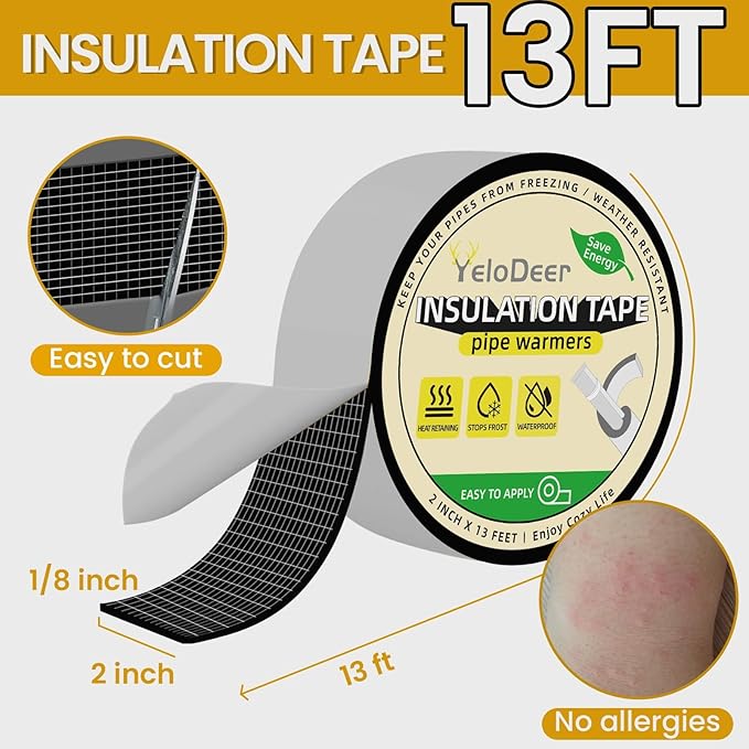 Pipe Insulation Wrap, 2 in X 13 Ft Foam Insulation Tape Self Adhesive Heat Tape for Water Pipes, Outdoor AC Line Pipes Winter Freeze Protection