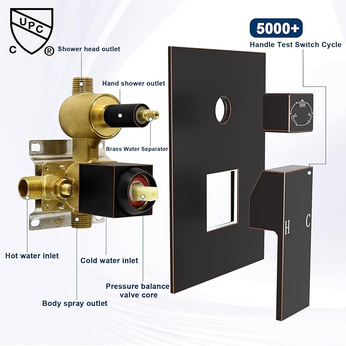 Solid Brass 3 Way Outlet Function Shower Diverter Valve, Drettyer Pressure Balancing Mixer Mixing Rough-In Valve Kit Replacement, Oil Rubbed Bronze