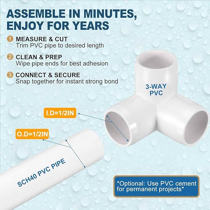 32 Pack 1/2" SCH40 PVC Elbow Pipe Fitting, 3-Way PVC Elbow Corner Side Outlet Tee Fitting, Furniture Grade Pipe Connectors for DIY Project, Pond Protection, Socket x Socket, White