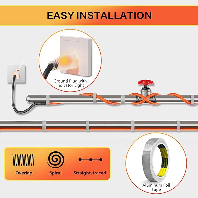 Heat Tape for Water Pipes with Thermostat & GFCI, Energy-Saving Pipe Heating Cable, Prevents Freezing, Works at -22℉, 80FT Orange, UL ETL Listed 120V