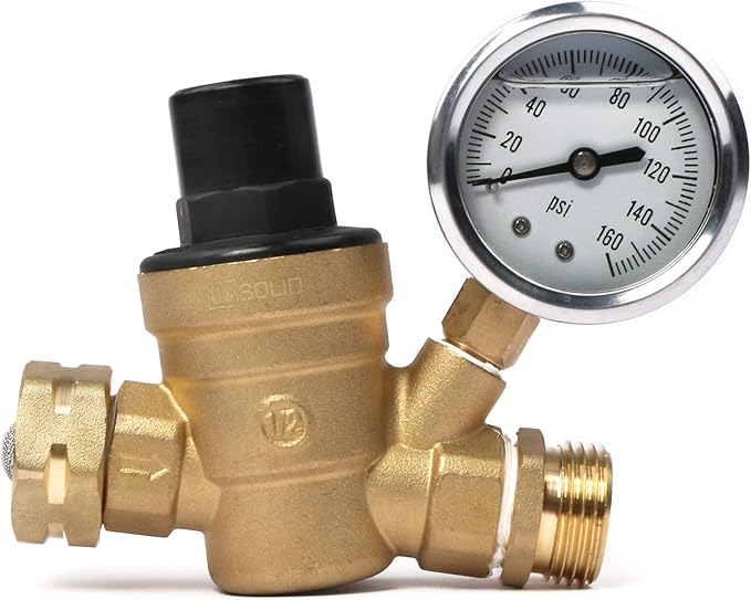 U.S. Solid 3/4" GHT RV Water Pressure Regulator, Adjustable Lead-Free Brass Water Regulator Valve with Gauge & Filter for RV, Camper & Garden Hose