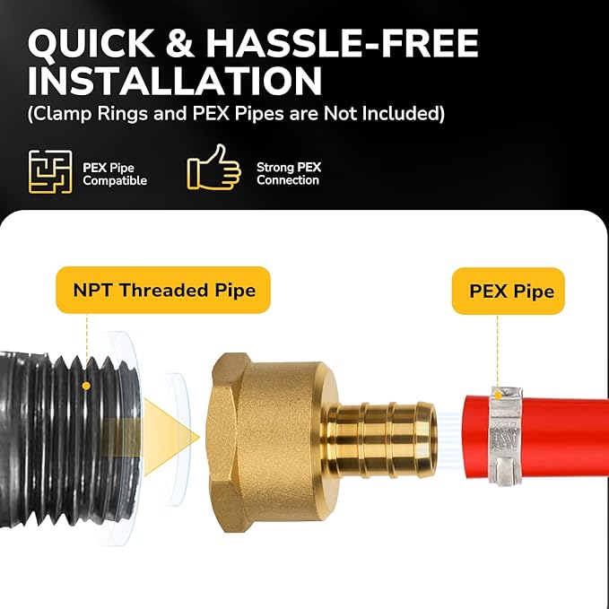 Pex Fittings, 1/2" Female NPT to 1/2" Pex Male Adapter, Heavy-Duty Brass Crimp Fittings for PEX Pipes with Leak-Resistant Construction, NSF & UPC Certified, 6 Pack