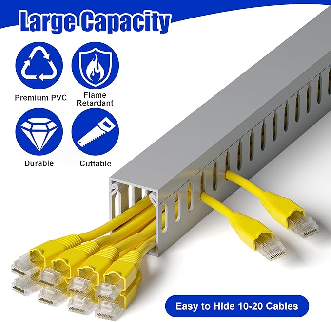 94.5in(6X L15.7in) Professional Server Rack Cable Management Raceway, H1.6in x W1.2in Cable Raceway Kit, Electrically Safe PVC Open Slot Wire Raceway for Under Desk/Computer/Network Cords, Grey