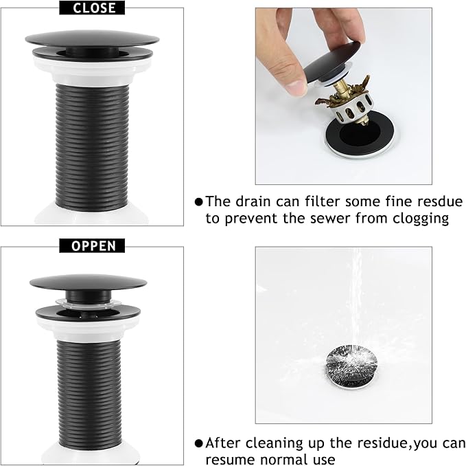 Bathroom Sink Drain,4 Pack Drain Stopper Without Overflow,Pop Up Drain Assembly with Detachable Strainer Basket,Built-in Anti-Clogging, Stainless Steel Nut Mattle Black