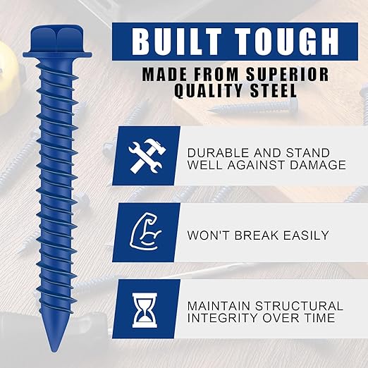 200 Qty 3/16" x 3-1/4" Hex Head Concrete Screws Anchor with Drill Bits Blue Slotted Hex Screws for Anchor Masonry, Block, Brick, Cement, Stucco, Diamond Point and Wood Fastening