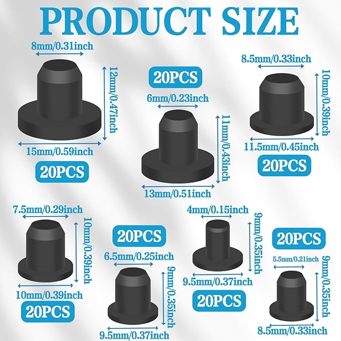 140Pcs Rubber Plug Box, Round Hole Silicone Tool Various Sizes Rubber Plugs Round HolesT-Type Flexible Stopper Sealing Covers for Car Wiring Furniture
