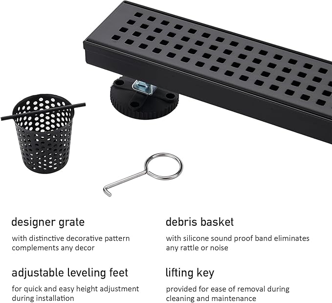 Linear Shower Floor Drain, Matte Black 54 Inch 304 Stainless Steel Bathroom Drains Kit, Long Rectangular Shower Trench Drain with Square Pattern Drain Cover & Hair Catcher