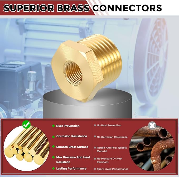 Pack of 2, 1/2" Male NPT to 1/8" FeMale NPT Solid Brass Hex Bushing, Hose Fittings Adapter Threaded Reducer Heavy Duty for Pipe Leak Repair, Bathroom Remodel, Compression