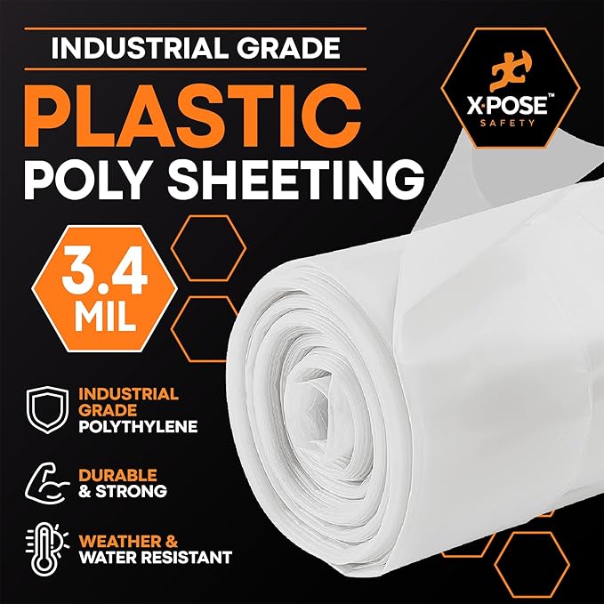 Xpose Safety Clear Plastic Sheeting 2 Pack – 20' x 100' Rolls – Heavy Duty 3.4 Mil Poly Sheet – Waterproof, Dustproof, Vapor Barrier – for Construction, Painting, Industrial Use