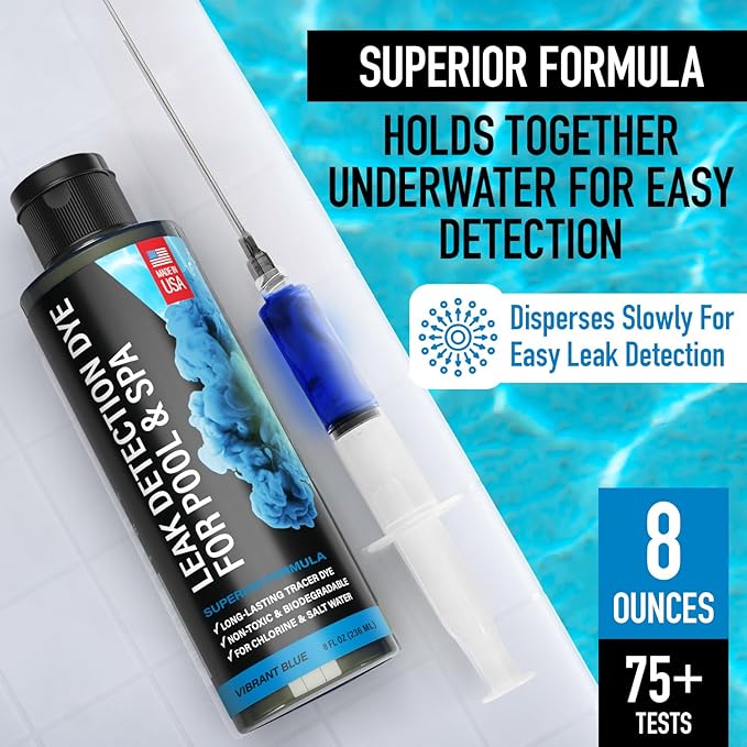 Pool Leak Detection Dye Kit - with 2 Precision Applicators - Made in USA - Superior Long Lasting UV Pool Dye Easily Locates Leaks - for All Pool, Spa, & Hot Tub Types - 8 OZ (Vibrant Blue)