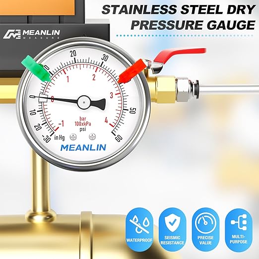 MEANLIN MEASURE -30inHG~60Psi Vacuum Gauge Stainless Steel 1/4" NPT 2" FACE DIAL Waterproof for Air Compressor HVAC Negative Pressure Hand Pump Pool Center Back Mount (with 2PCS Snaps)