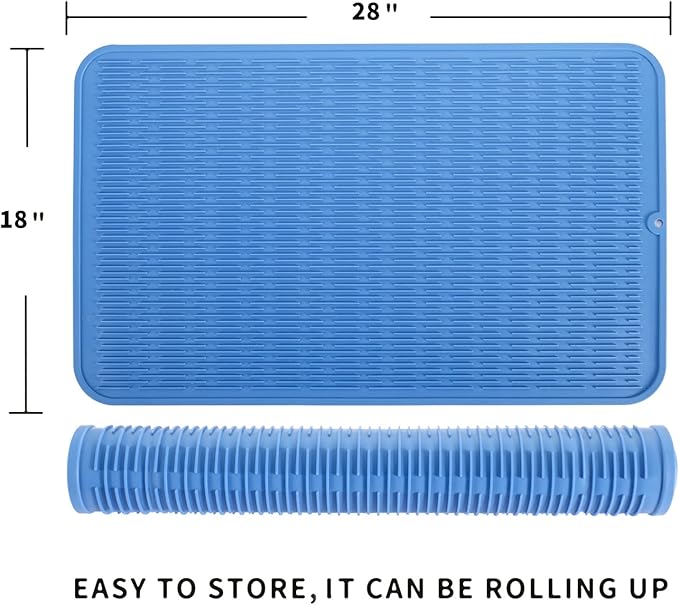 Silicone Dish Drying Mat for Multiple Usage,Easy clean,Eco-friendly,Heat-resistant Silicone Mat for Kitchen Counter or Sink,Refrigerator or Drawer Liner Lichen BlueL 3XL 28 inches x 18 inches