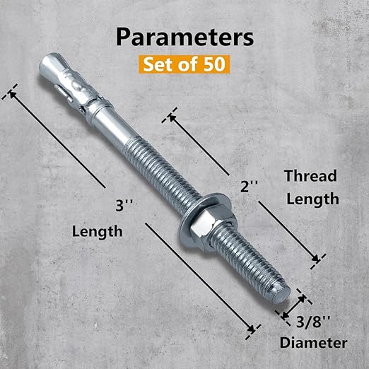Party Animals 3/8 x 3 Inch Wedge Anchor, 50 PCs Zinc-Plated Industrial Anchor Bolts for Cement, Concrete
