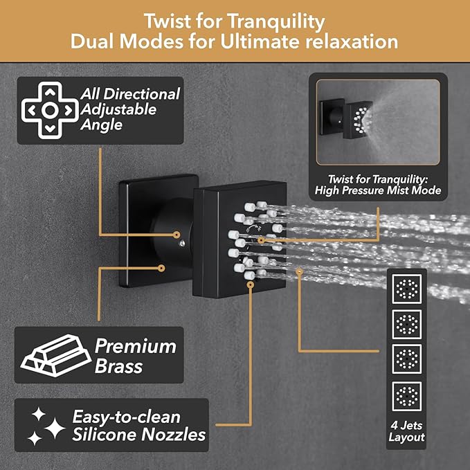 VANFOXLE Shower Faucet Set Matte Black Shower System,Shower Faucet with 2 in 1 Handheld,Ceiling Mount 16 Inch LED Shower Head+6 Inch Shower Head(Rough-in Valve Body and Trim)