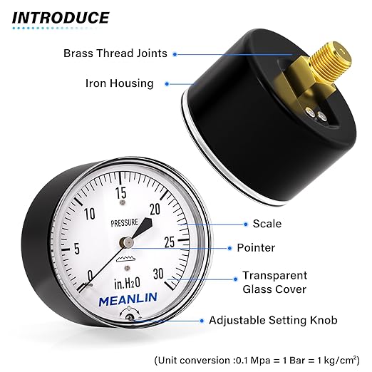 MEANLIN MEASURE 0-30 in H2O Diaphragm Type Capsule Low Pressure Gauge 1/4" NPT 2-1/4" FACE DIAL Adjustable Water Column Gauge, with 1/2" NPT and 3/8" NPT Hex Bushing, Back Mount