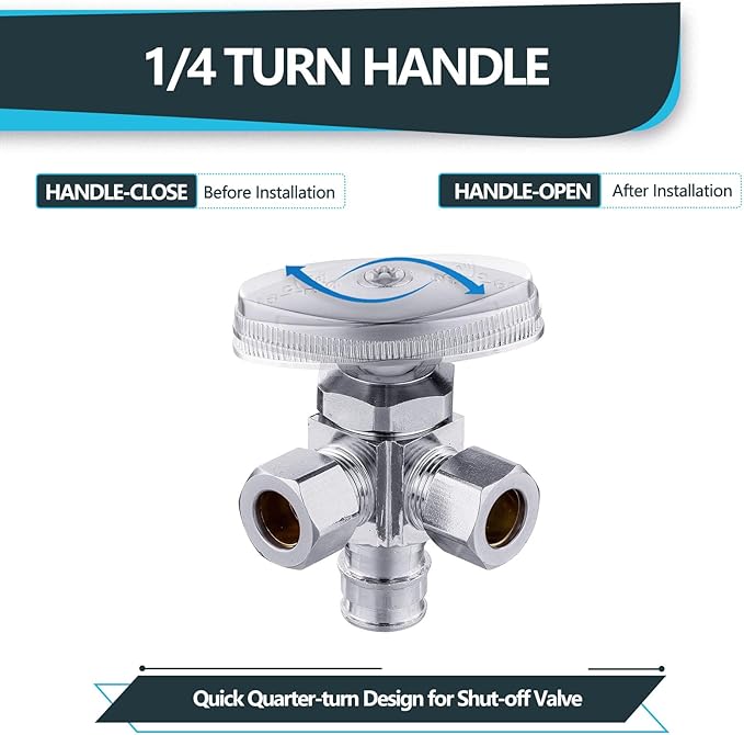 (Pack of 20) Seelink Multi-Turn Dual Outlet Angle Stop Valve, 1/2" Pex-a Expansion F1960 Pipe Inlet x (3/8 inch x 3/8 inch) Compression Outlets, Chrome Plated Brass