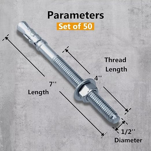 Party Animals 1/2 x 7 Inch Wedge Anchor, 50 PCs Zinc-Plated Industrial Anchor Bolts for Cement, Concrete