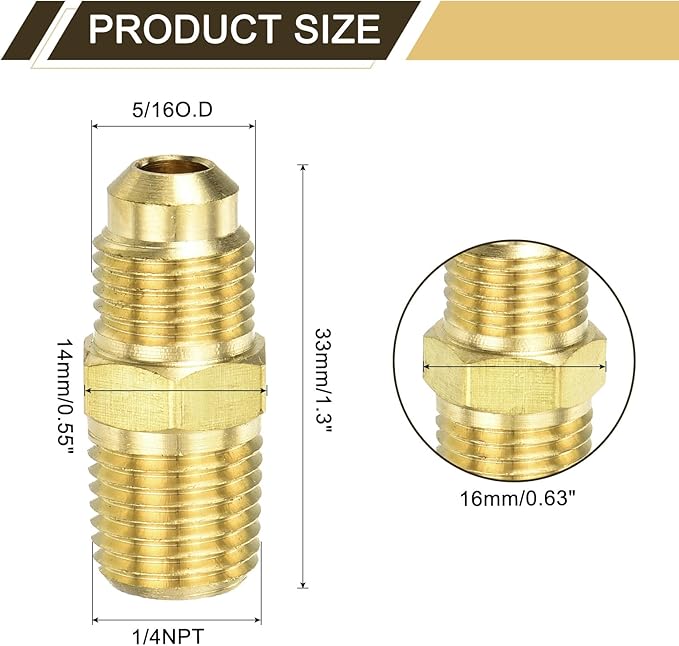 uxcell Brass Tube Fitting, 5/16O.D x 1/4NPT Brass Flared Pipe Adapter Fittings Reducing Nipples Connector, Half Union Gas Adapter for Pipe Connections, Hydraulics, Refrigeration