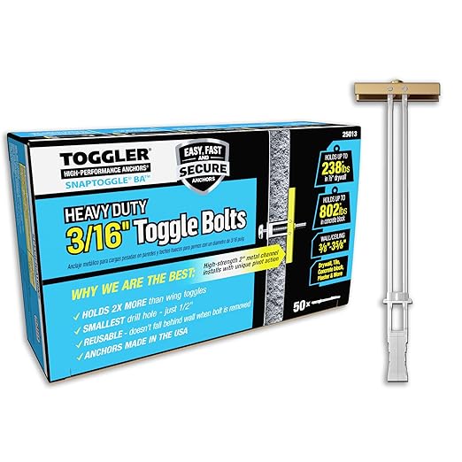 TOGGLER SNAPTOGGLE Heavy-Duty Drywall Toggle Bolt – 3/16"-24 UNC Zinc-Plated Anchor for Hollow Walls, Plaster & Tile – Holds 238 lbs in 1/2" Drywall, Easy Install – 50 Pack (W/O Bolts)