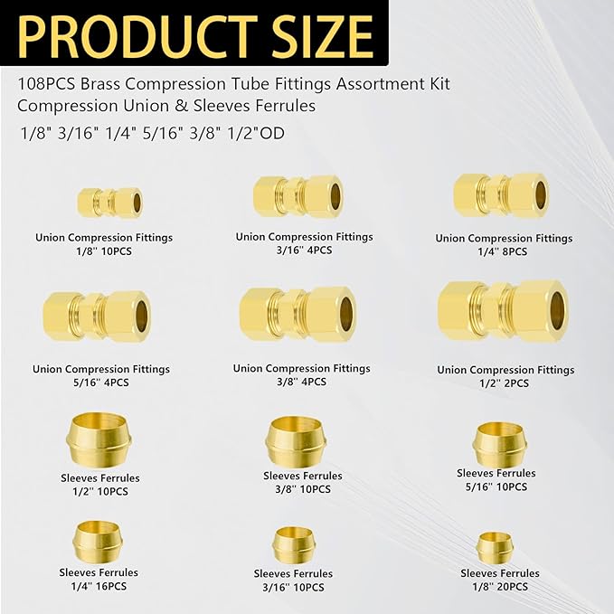 108pcs Brass Compression Tube Pipe Fittings Assortment Kit, 1/8" 3/16" 1/4" 3/8" 5/16" 1/2" OD Compression Union Connector & Compression Sleeves Ferrules