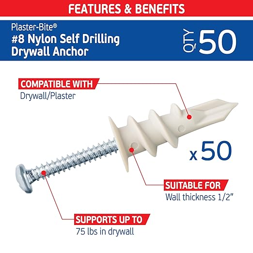 Nylon Self-Drilling Drywall Anchors w/Screws (50 Anchors & 50 Screws) – Premium Nylon 66 Hollow Wall Anchors for 3/8"-5/8" Drywall – Shock-Resistant Hold, Easy Install - 75lb Holding Strength