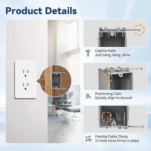 1-Gang New Work Outlet Box, PVC Electrical Box for Switch,GFCI,Dimmer, 22 Cubic Inch, UL Listed, 96 Pack