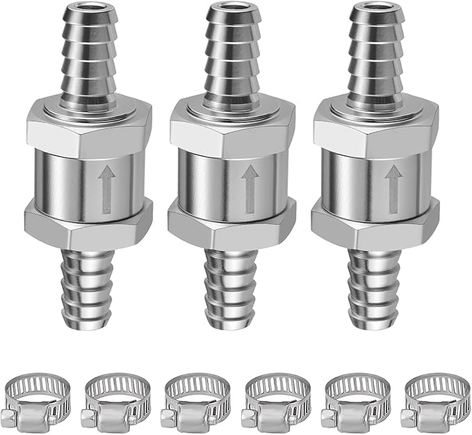 EVIL ENERGY 5/16'' (8mm) Check Valve, 3 Pcs Aluminum One Way Fuel Check Valve for Gasoline, Diesel & Coolant with Universal Hose Clamps, Silver