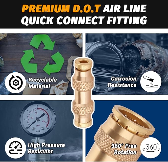 1/8" DOT Push to Connect Air Fittings, (One-eighth of an Inch) Push-In D.O.T Brass Fittings for Air Brake Lines of Trailers and Industrial(Pack 4)