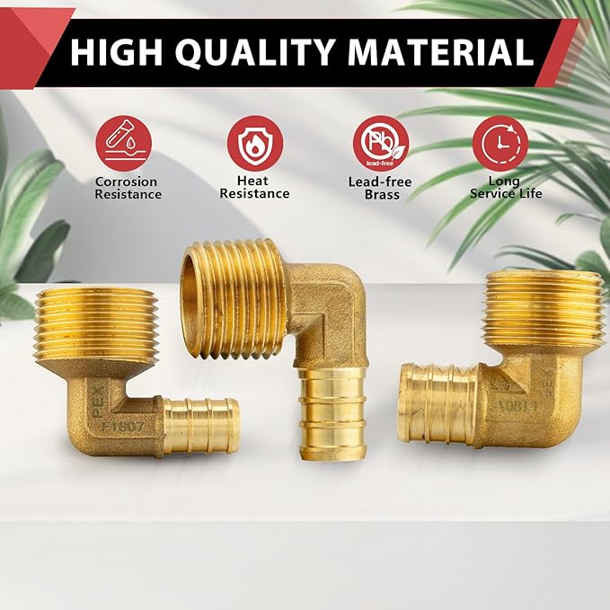 (Pack of 10) EFIELD Barb Crimp Pex 1/2"x3/4" Male Threaded NPT Elbow Brass Fittings, ASTM F1807,(PEX1807103)