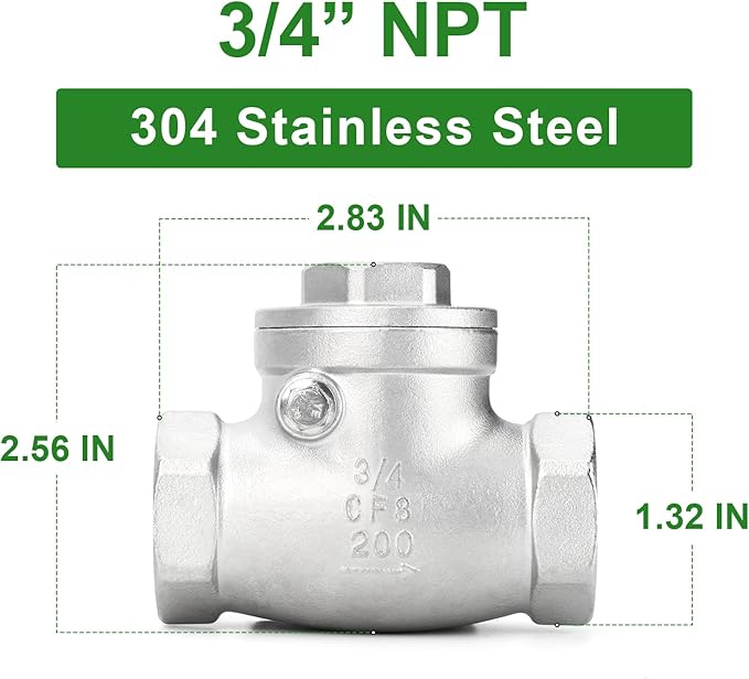 TAISHER 1PCS 304 Stainless Steel 3/4" NPT Female Swing Check Valve，Backflow Prevention, One Way Check Valve CF8 WOG 1000