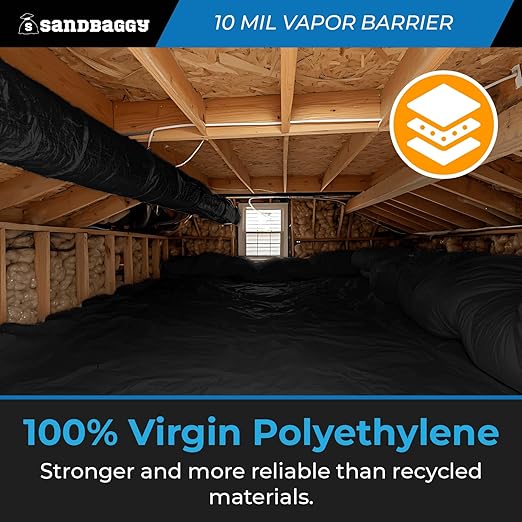 Sandbaggy 20 ft x 100 ft Vapor Barrier 10 Mil | Polyethylene | Black Plastic Sheeting Rolls | Moisture Barrier for Crawl Spaces, Concrete and Laminate Underlayment, Walls (1 Roll)