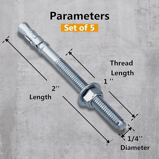 Party Animals 1/4 x 2 Inch Wedge Anchor, 5 PCs Zinc-Plated Industrial Anchor Bolts for Cement, Concrete
